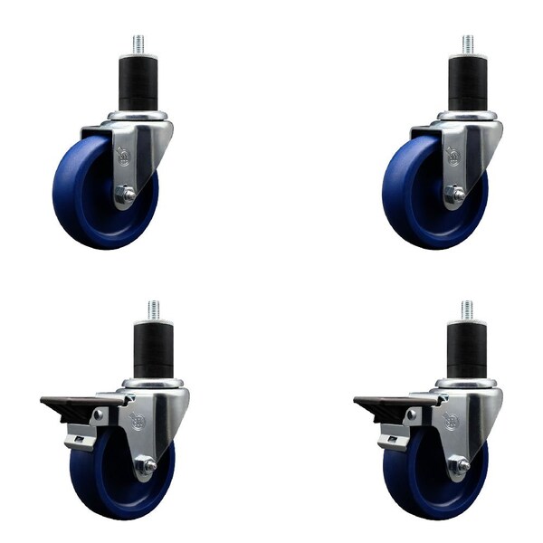 4'' Solid Poly Wheel Swivel 1-3/4'' Expanding Stem Caster Set 2 Brakes, 4PK